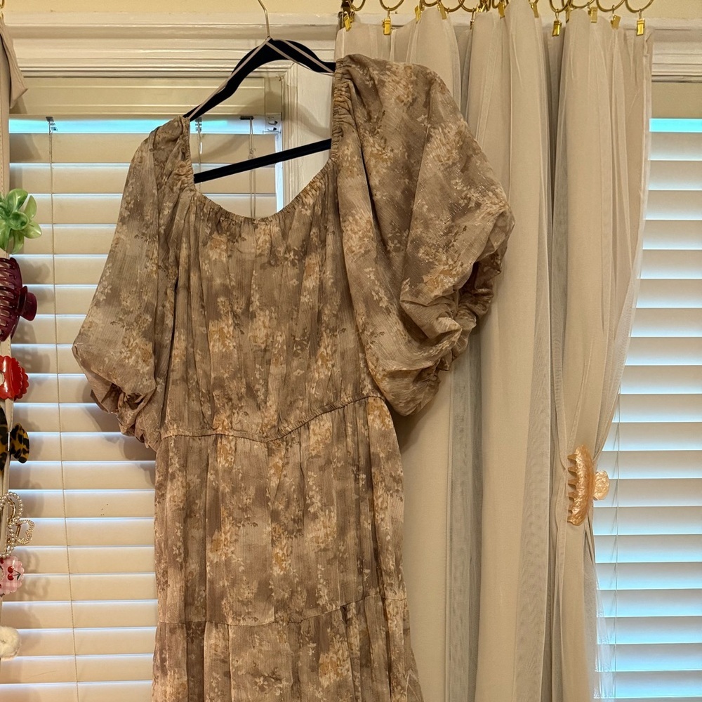 Baevely shimmer beige Floral Tiered Maxi Dress with Puff Sleeves